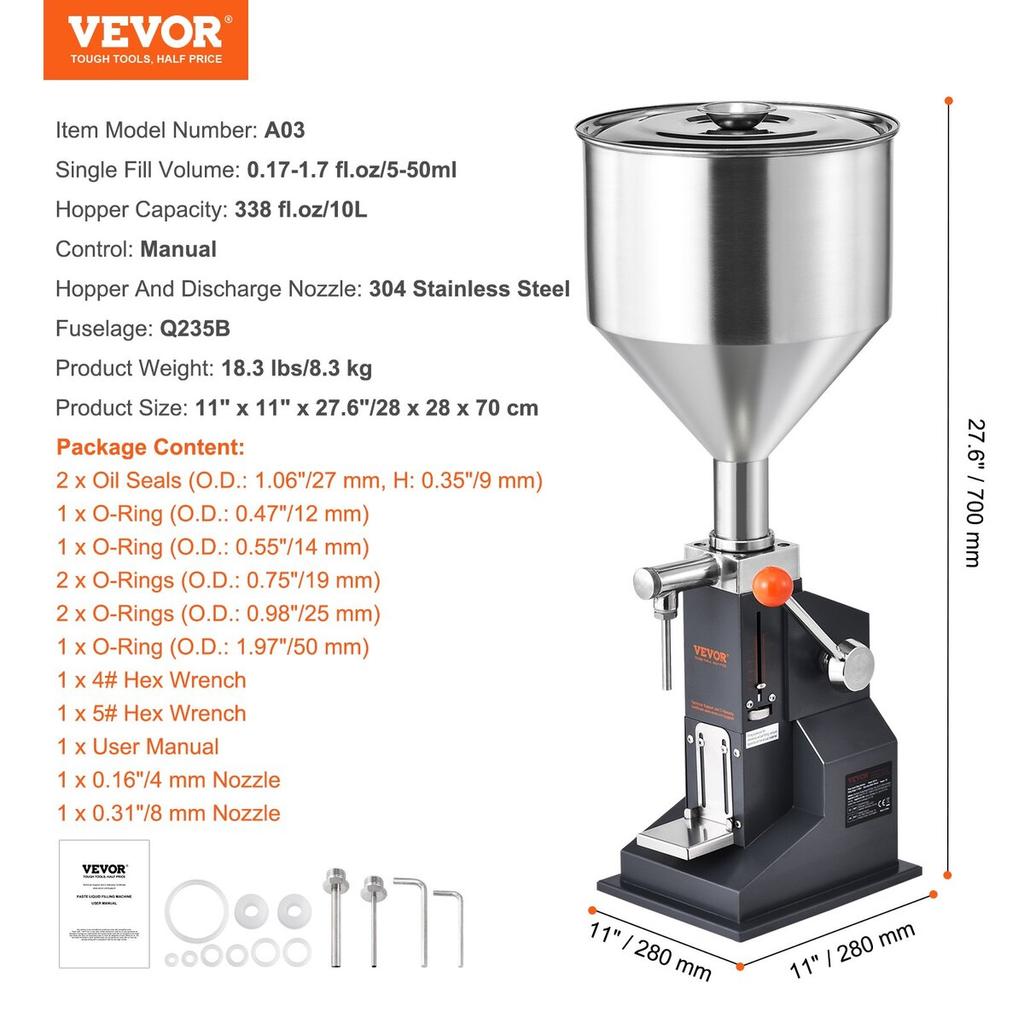 Manual Paste Liquid Filling Machine, 5-50ml Bottle Filler, Adjustable Bottle Filling Machine, Stainless Steel Liquid Filler with Hopper for Milk Water