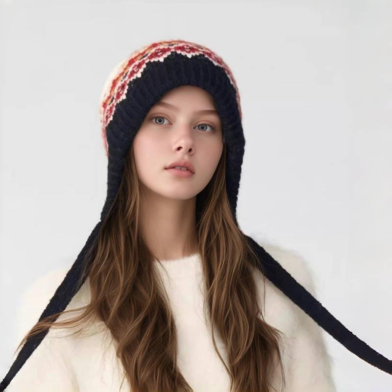 Женская шапка-бини с узором Fair Isle на шнуровке и защитой для ушей: Толстая, теплая вязаная шапка с помпоном для осени и зимы