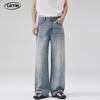 LKTM Men's Washed Blue & White Gradient A-line Jeans - Loose, Casual, Straight-leg, Floor-length Trousers