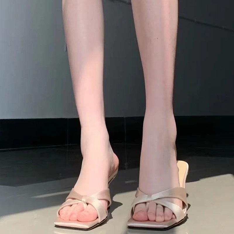 Огромный комфорт! Классные тапочки цвета шампанского, женская летняя одежда, ретро туфли с открытым носком и квадратным каблуком, французские туфли на высоком каблуке