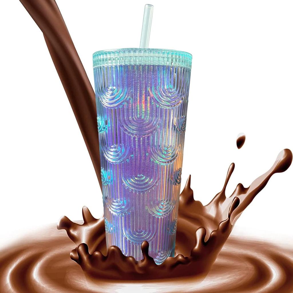 Стакан емкостью 24 унции с шипами, крышкой и соломкой, с двойной изоляцией, текстурированная чашка Venti многоразового использования - 100% без BPA