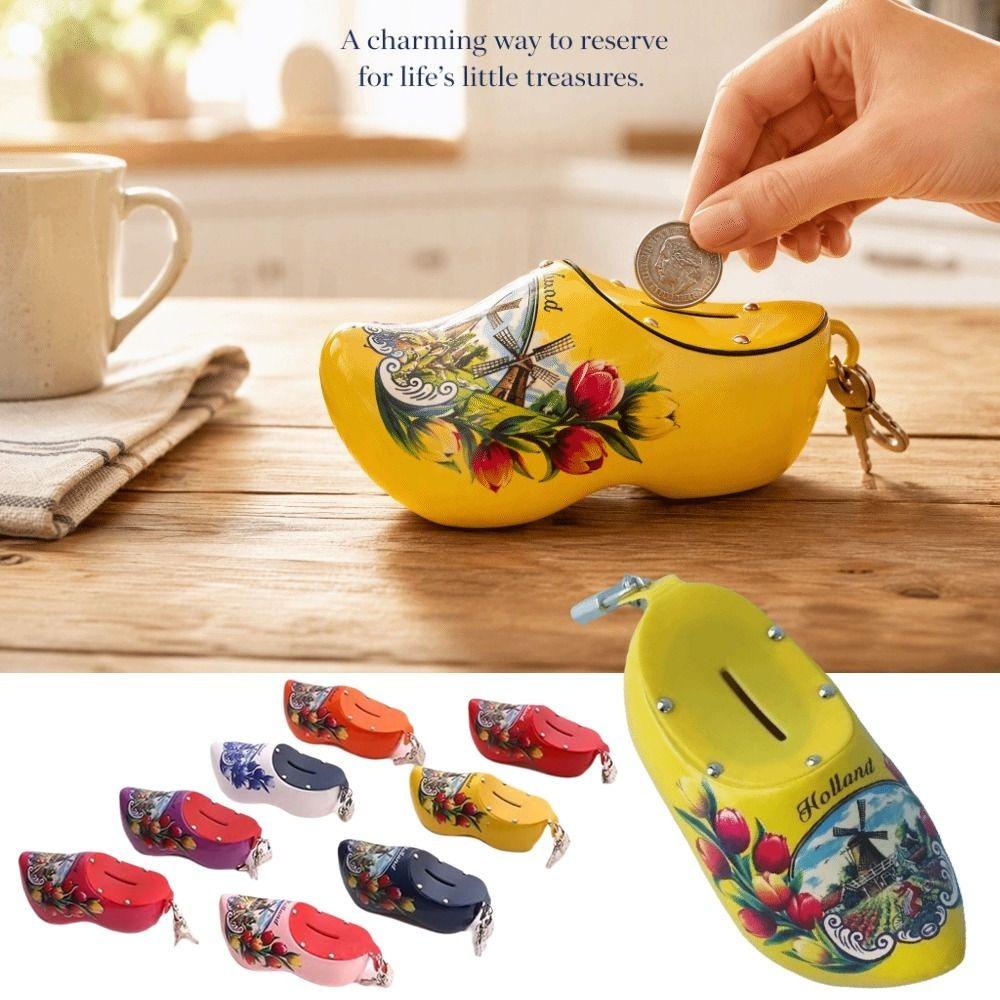 Miniature Wooden Shoes Piggy Bank 15cm Coin Saving Box Wooden Clog Piggy Bank Indoor Use
