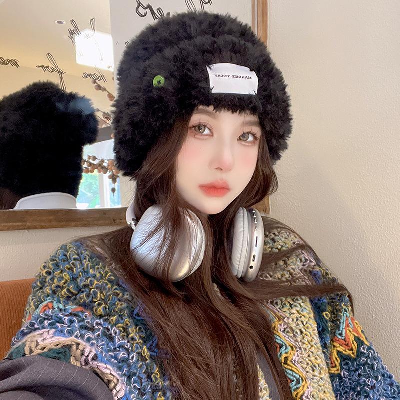 Female ear protection warm versatile knitted hat autumn and winter fluffy plush hat