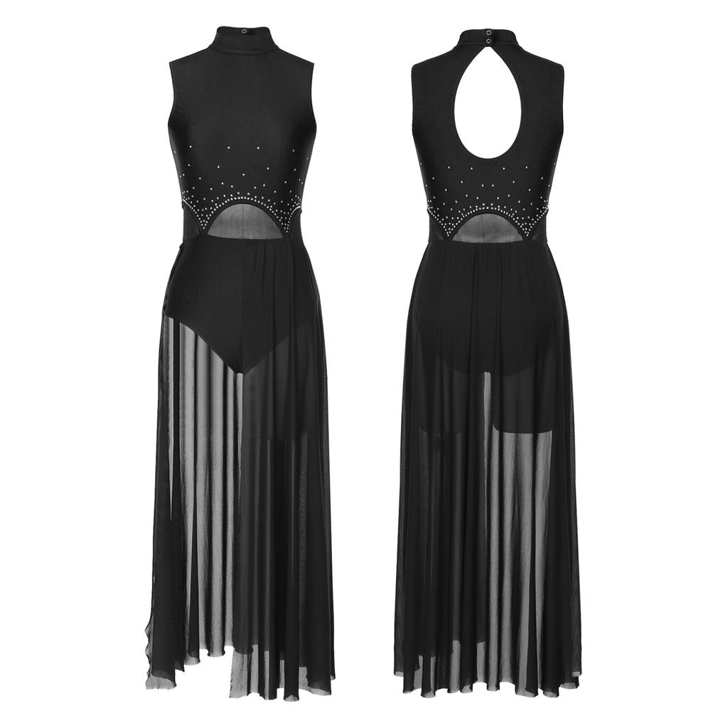 Женское лирическое танцевальное платье без рукавов, сценический костюм со стразами, лоскутное трико с разрезом, платья