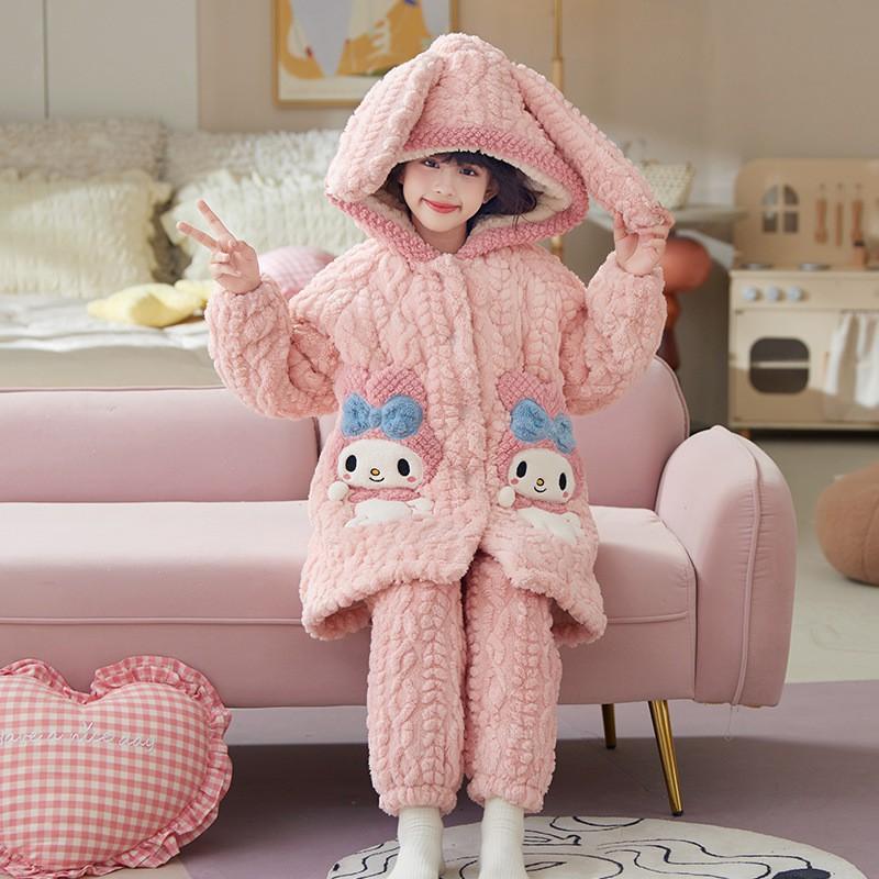 Girls Warm Coral Fleece Pajamas Set Winter Thick 3-Layer Quilted Sleepwear Kids Ages 8