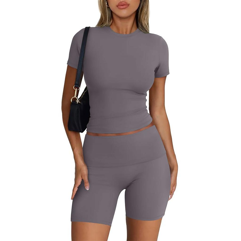 Женская мода, однотонный топ с круглым вырезом, облегающий топ с короткими рукавами, шорты, повседневные спортивные комплекты, спортивные костюмы