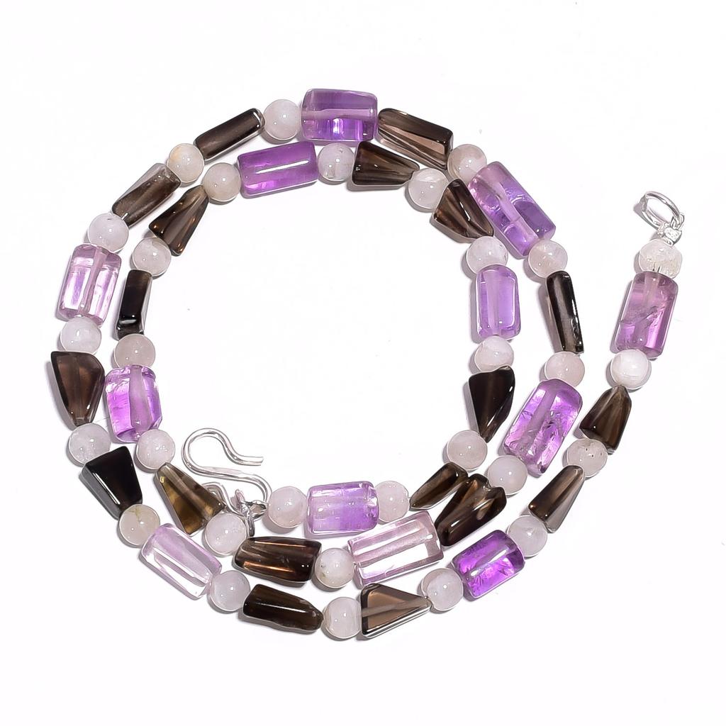 Natural Amethyst Smoky Quartz Moonstone Gemstone Beads Necklace 17" UB-4632 UB-4632
