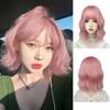 Pink Ombre Short Bob Synthetic Wigs For Women With Bangs Body Wave Cosplay Lolita Wig White Natural Heat Resistant Hair