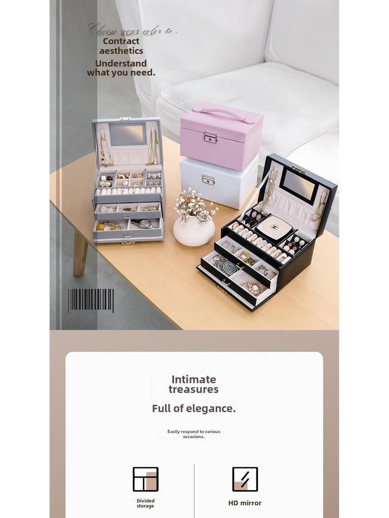 Трехслойная роскошная кожаная шкатулка для украшений с большой вместимостью для хранения ожерелий и сережек