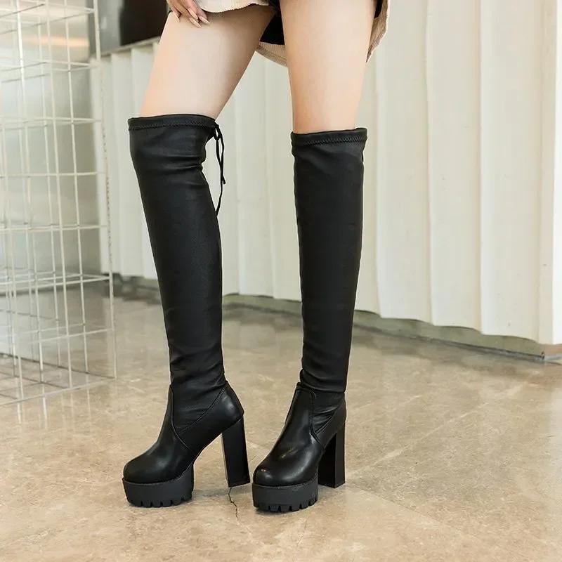 2024Зимние сексуальные сапоги Tight Knight Suede Round Toe Combat для женщин, теплые, без застежек, выше колена, Botines De Mujer, черные, длинные Botas