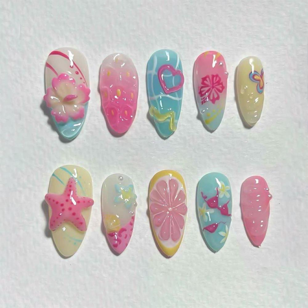 24 шт. Летние Макаронные Цвета 3D Съемные Ногти на Клеевой Основе – Красочный, Носимый Маникюр