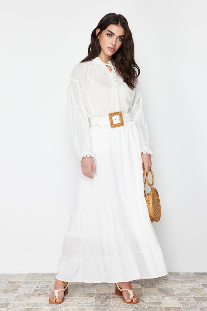 Women's Fashion Ecru Lined Polka Dot Pleated Woven Skirt