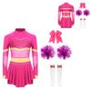 4Pcs Girls Cheer Leader Costume Long Sleeve Diamonds Dance Jumpsuit with Cheerleading Hand Flower Bowknot Hair Ties and Striped Knee High Tube Socks