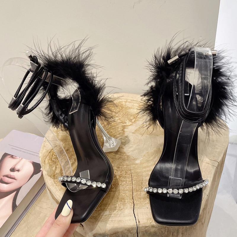 Liyke/Новый дизайн, женские сандалии со стразами, модные летние прозрачные туфли на высоком каблуке с нечеткими перьями, пикантные вечерние туфли для банкетов, сине-белые