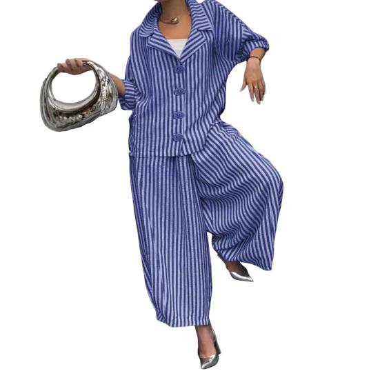 Women's Casual Suit Long-Sleeved Shirt Top Wide-Leg Harem Pant 2-piece Set Autumn Lapel Striped Nine-Point Pant Female Outfit Suit