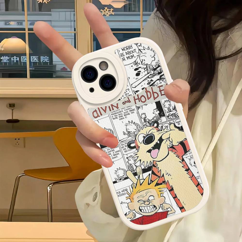 C-Calvin And H-Hobbes Phone Case For IPhone 16 15 14 13 Pro Max 11 12 Plus Leather Silicone Cover