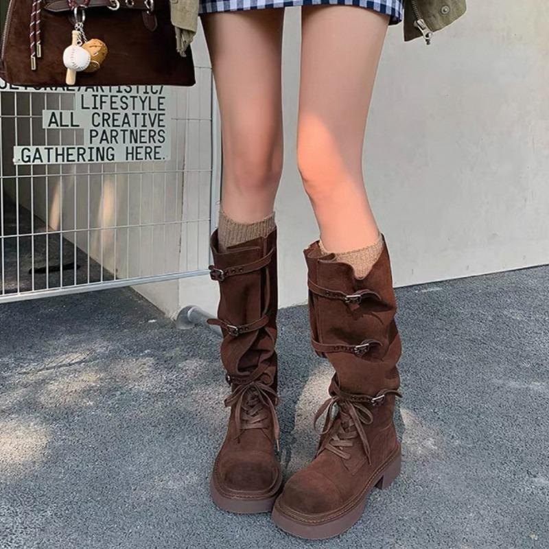 Мода Новый Стиль Женские Широкие Трубчатые Ботинки на Высоком Каблуке со Шнуровкой спереди Женские Ботинки Одинарные с Мягкой Подошвой, Защищающие от Износа, с Круглым Носком из Замши и Металлической Пряжкой-Ремнем