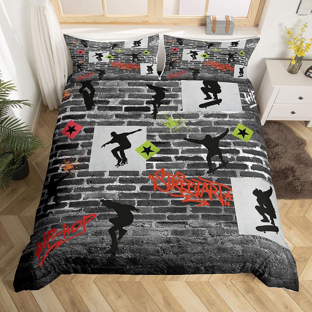 Skateboard Duvet Cover Set Full Size For Boys Teens Extreme Sports Bedding Set Youth Comforter Cover Graffiti Style Duvet Cover