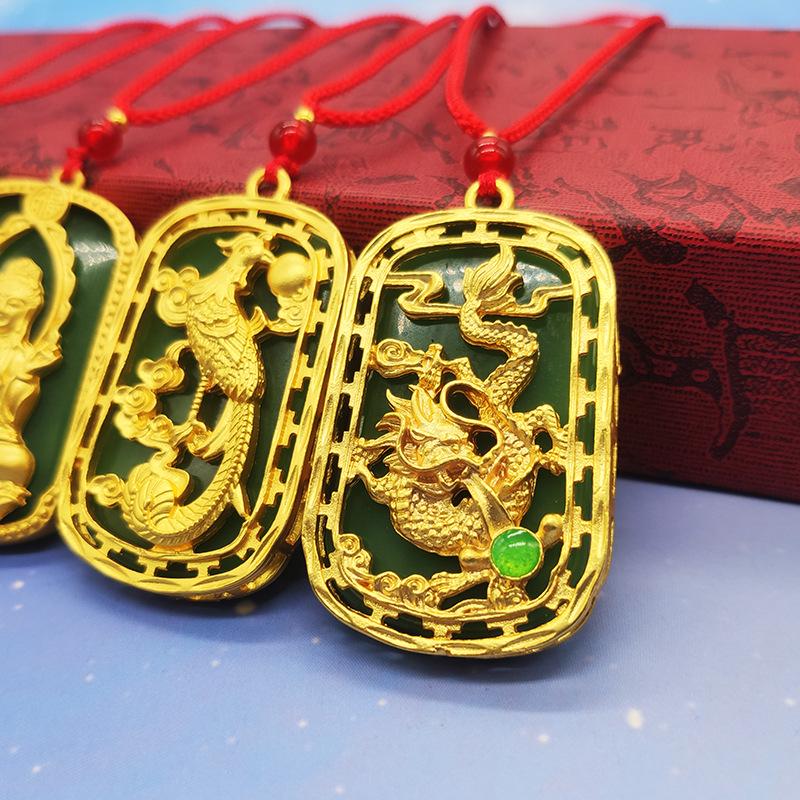 Gold Guanyin Maitreya Buddha Pendant with Dragon Year Zodiac Jade Necklace