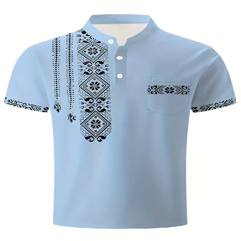 Ethnic Print Men's Summer Polo Shirt Casual Stand Collar Button Short Sleeved White with Black Gray Geometric Pattern Is Very Suitable for Going Out