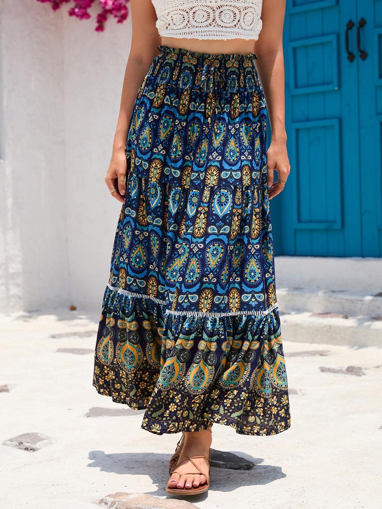 Women's Ethnic Style Printed Skirt Bohemian Beach Skirt Hollow Lace Splicing Long Skirt For Women