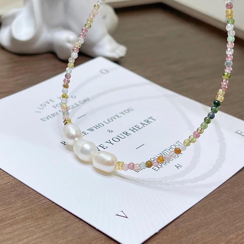 Qiaoen 2 мм Турмалиновое ожерелье конфетных цветов с пресноводным жемчугом - Женский французский ретро-стиль