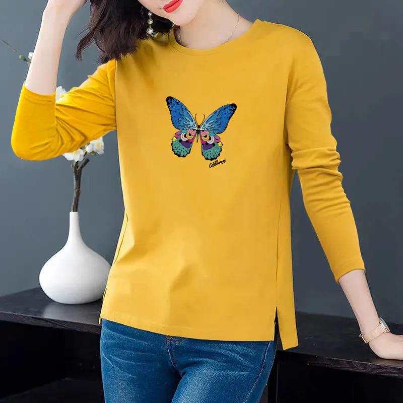 Spring Colorful Butterfly Print T-Shirts Long Sleeves Bottoming Shirts Women Cotton Pullover Casual Slit Shirt