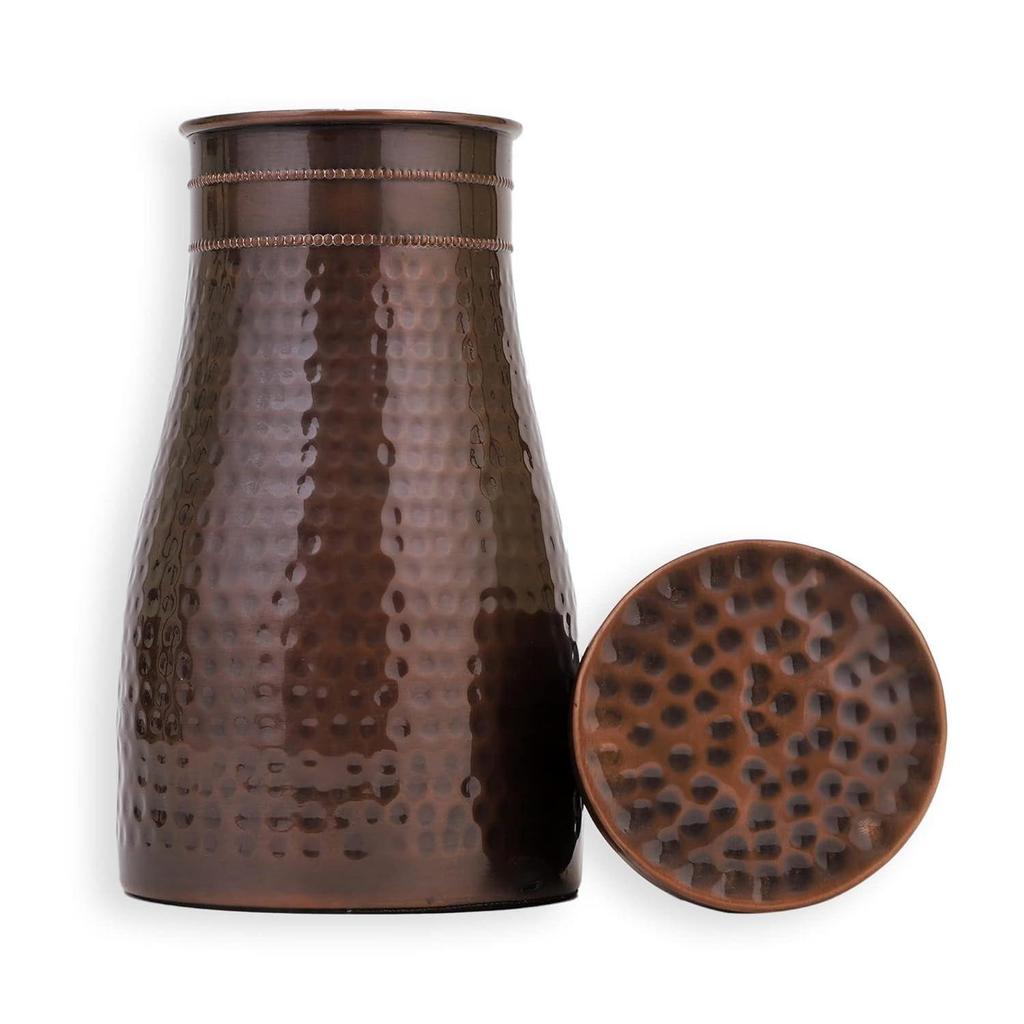 Copper Bedroom Jar with Inbuilt Glass | Rarity Hammered Design | Handcrafted, Leakproof, Jointless | Ayurvedic Benefits, Antioxidant Properties