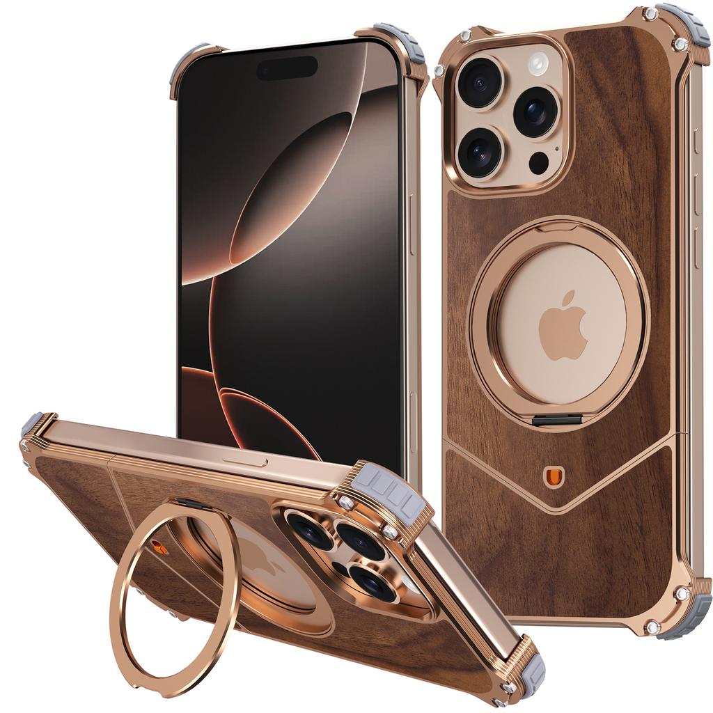 For iPhone 15 Pro Max Magnetic Case Wood Covered Metal Boardless Phone Back Cover with Kickstand