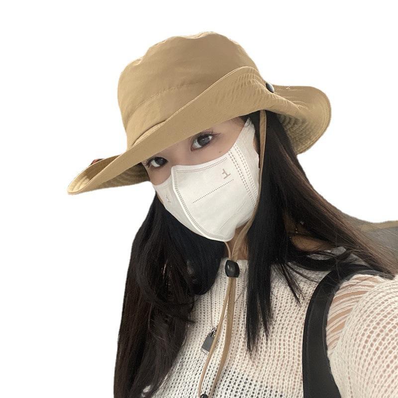 Japanese-style quick-dry drawstring fisherman hat for women, breathable and sun-protective, large brim sun hat for outdoor fishing and hiking, men's