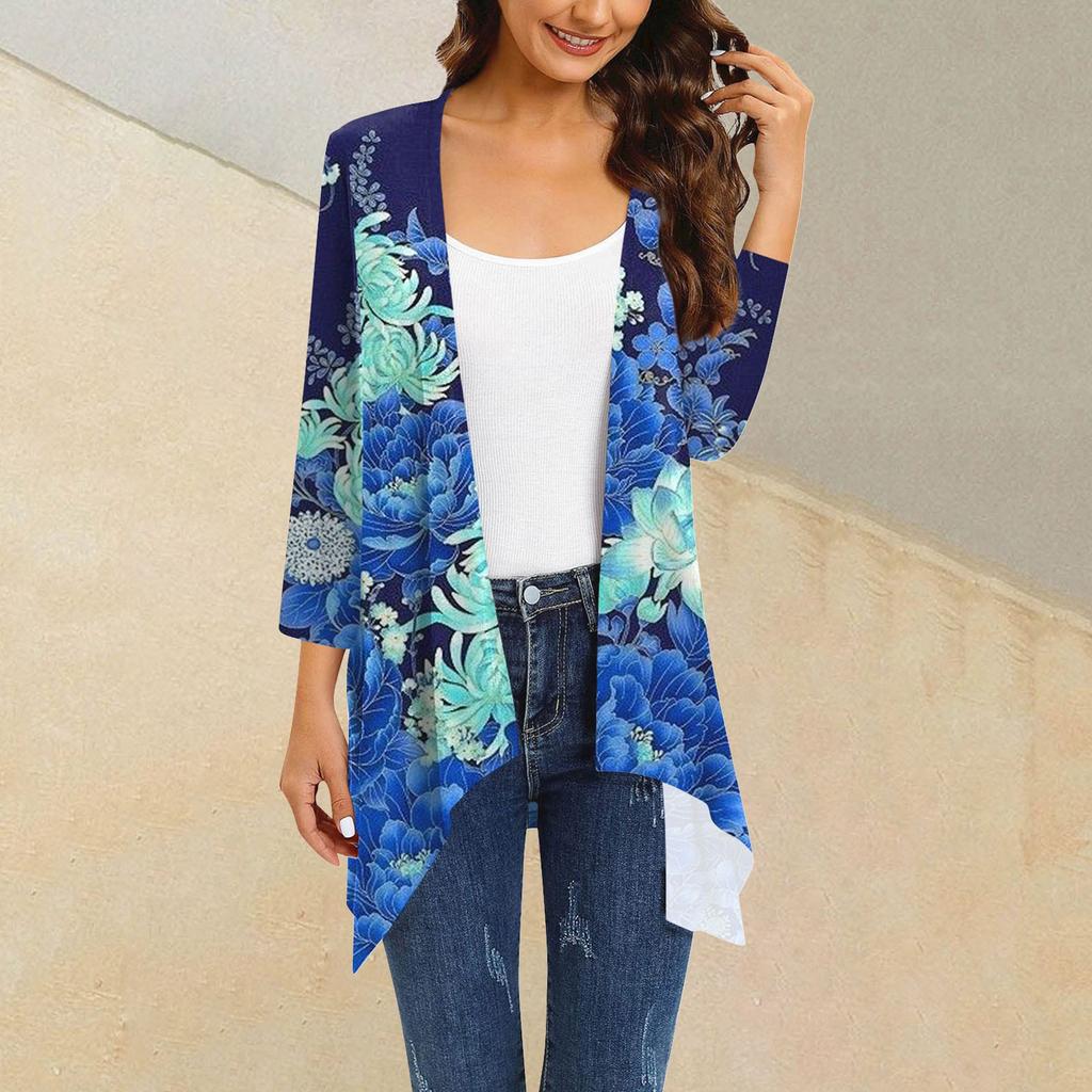 Women's Print Irregular Three-quarter Sleeve Cardigan With Pocket Jacket
