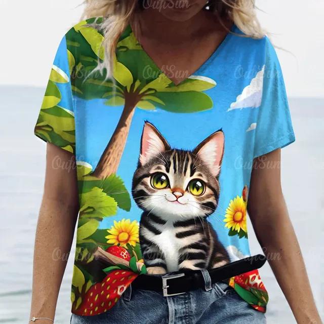 Летняя модная женская одежда с v-образным вырезом, большие размеры, футболки с короткими рукавами, женская повседневная футболка с принтом животных, трендовая милая блузка