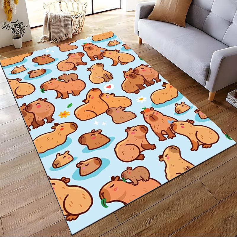 Cute Cartoon Capybara Pattern Carpet for Living Room, Blue Background Suitable for use as an anti-slip for living room bedroom sofas