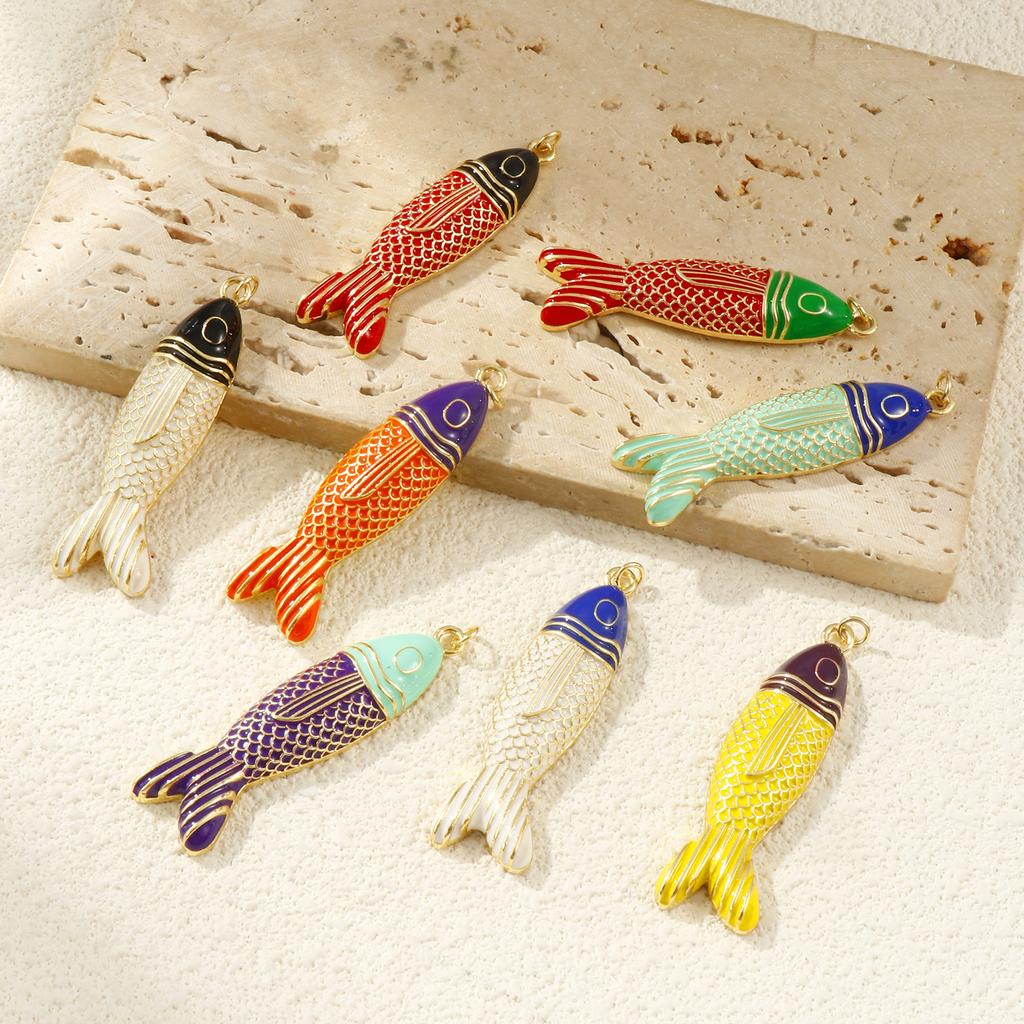 Doreen Box 1 PC Brass Fish Pendants 18K Gold Plated Enamel Fish Animal Ocean Jewelry Charms for Necklace Findings 5.6cm x 1.5cm