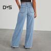 Женские эластичные джинсовые брюки с высокой талией, широкие джинсы, повседневные прямые джинсы с необработанным краем и карманами