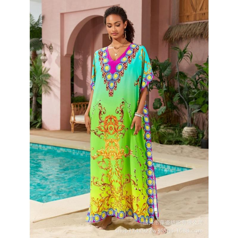 Плюс Размер Женский Пляжный Принт Длинное Платье Праздничный Солнцезащитный Купальник С Накидкой