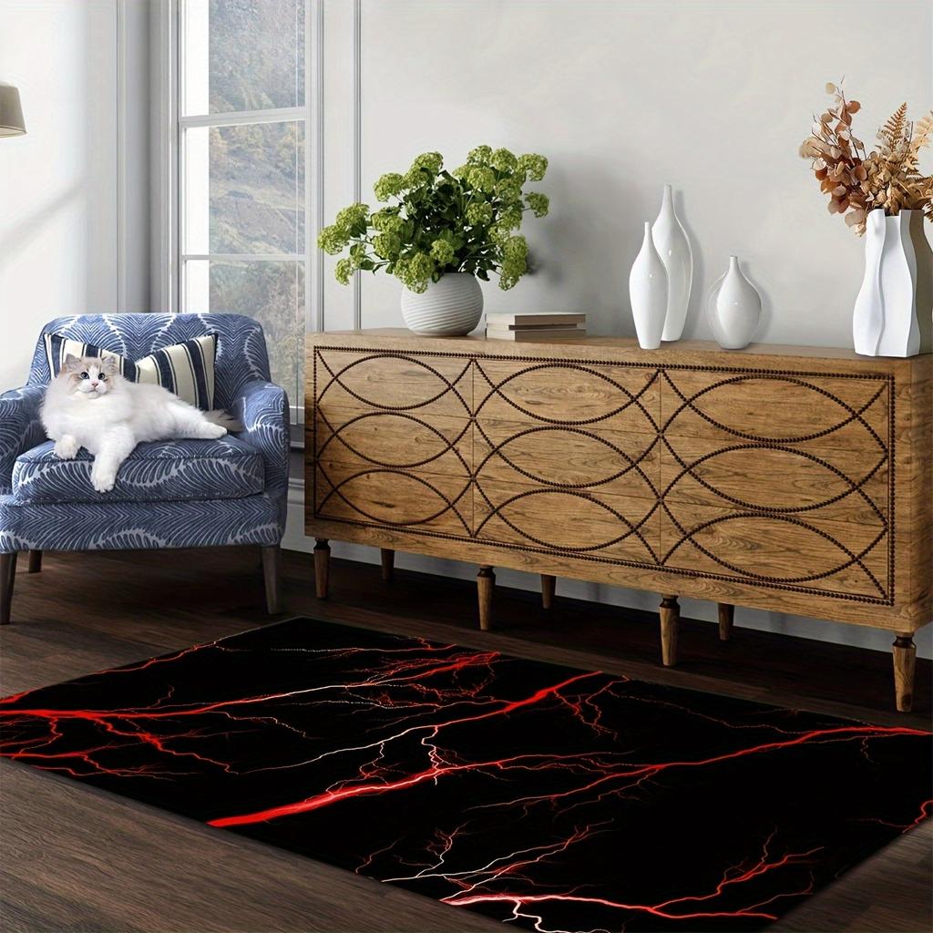 Lightning Polyester Mat, Black Red Design, Machine Washable Non Slip, Soft Fluff Floor Rug, Large Durable Living Room Decor
