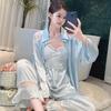 Spring and Autumn Sweet Ice Silk Four-piece Pajamas Women's Lace Sexy Suspender Off-Shoulder Loungewear Women's Suit with Chest Pad
