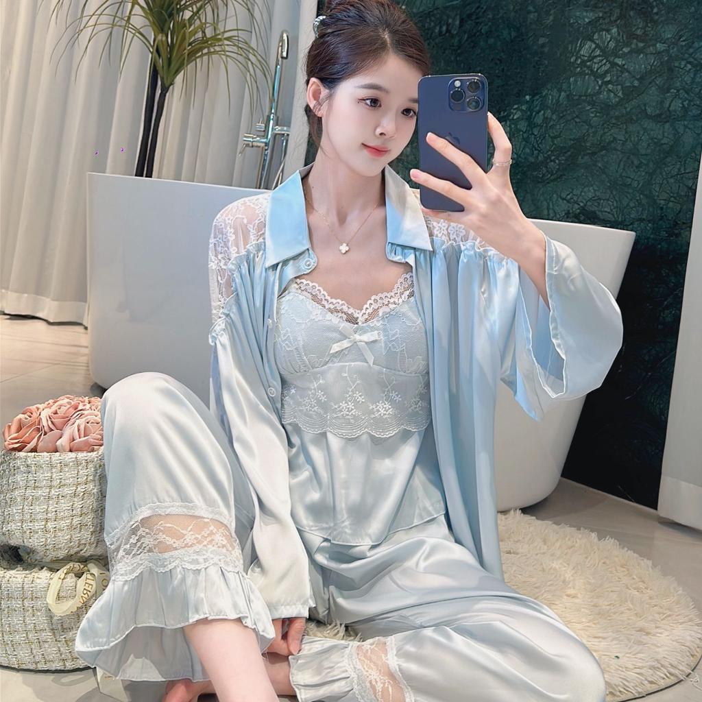 Spring and Autumn Sweet Ice Silk Four-piece Pajamas Women's Lace Sexy Suspender Off-Shoulder Loungewear Women's Suit with Chest Pad