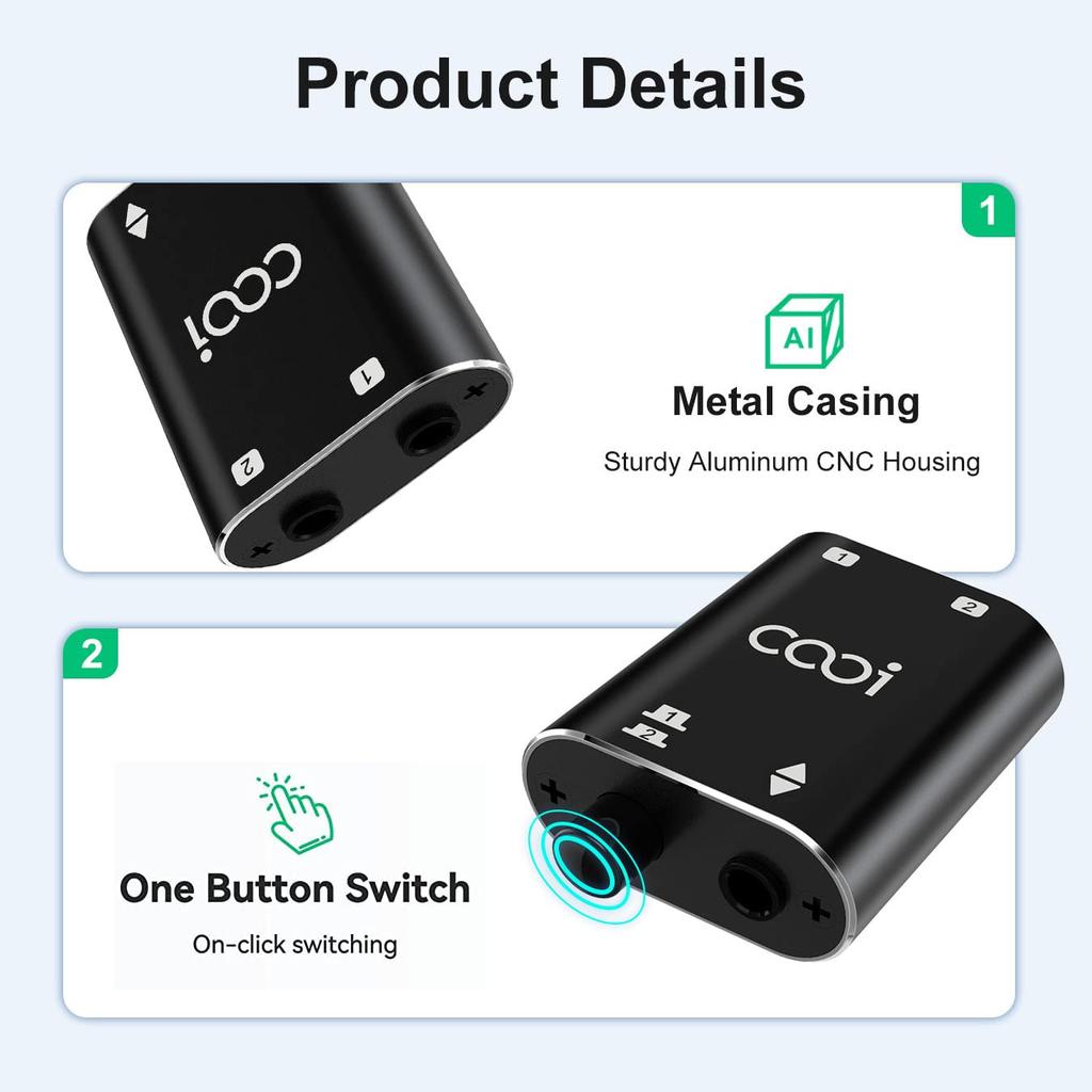The COOIDEA Stereo Audio along with a audio supports 1 input 2 output or 2 input 1 and is a AUX audio speaker selector for mobile and 3.5mm Switcher,