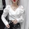 New Autumn Women's Design V-neck Bubble Temperament High-waisted Short Top