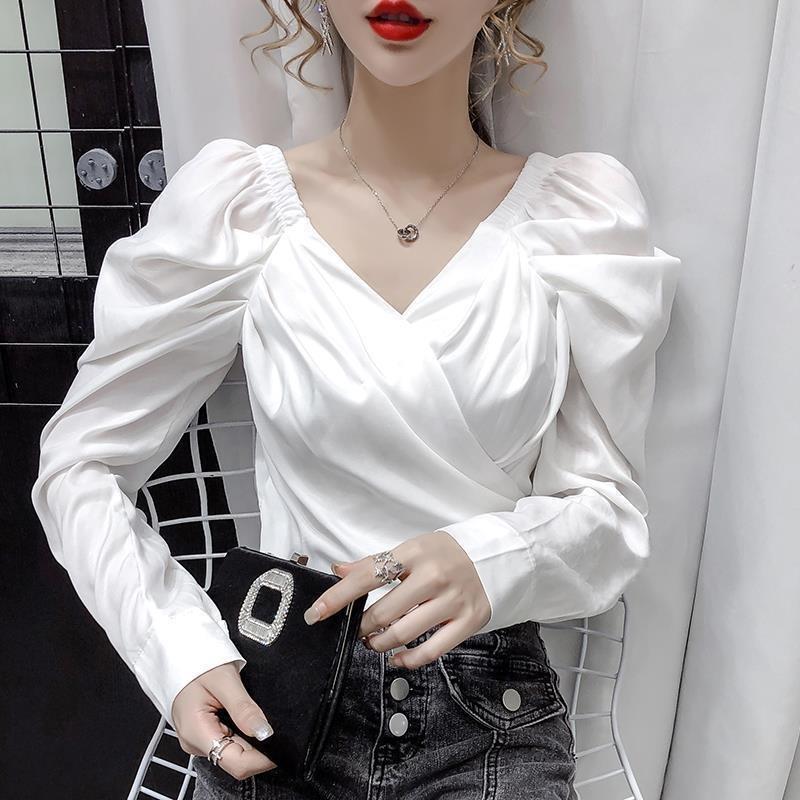 New Autumn Women's Design V-neck Bubble Temperament High-waisted Short Top