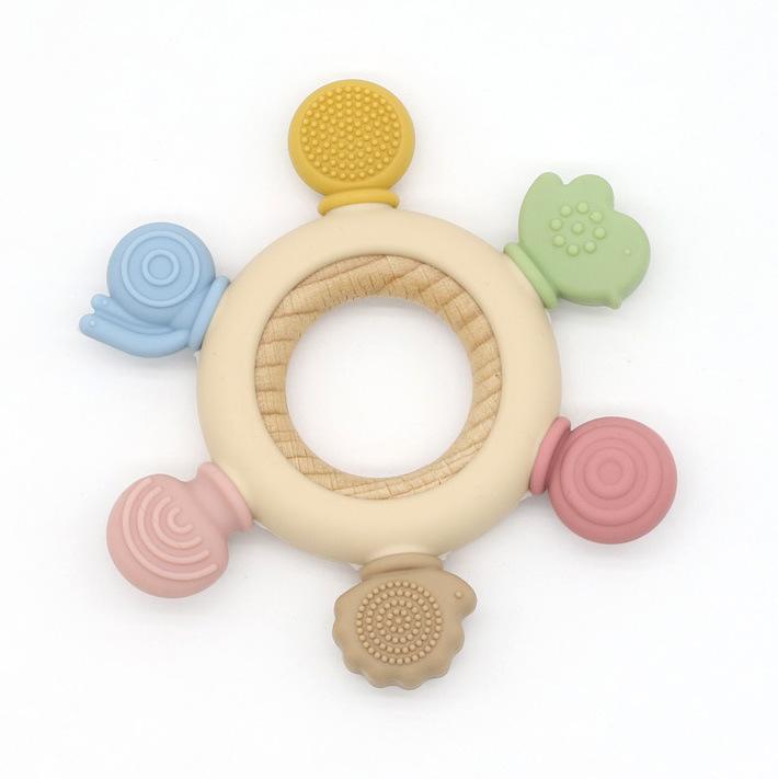 Food Grade Baby Silicone Teether Rudder Shape Wooden Ring Teething Toys BPA Free Infant Chewing Nursing Toy Newborn Gifts