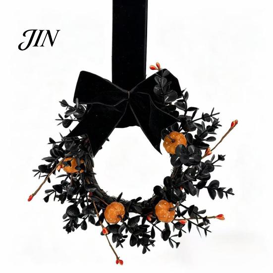 Black Branch Wreath Halloween for Front Door, 9 Inch Pumpkin with Party Decor Velvet Bow Home Porch Holiday Window Wall Fireplace