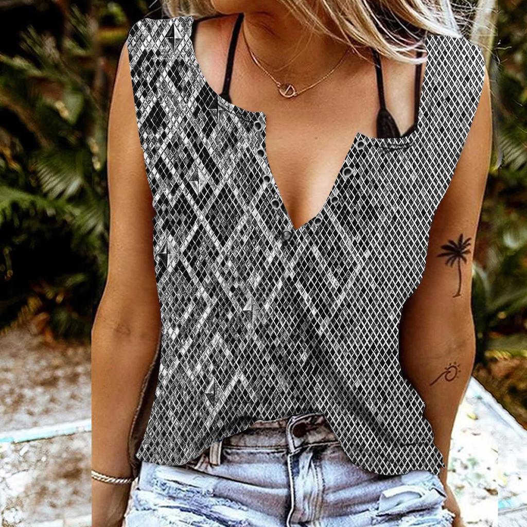 Women Tanks Sexy V Neck Sleeveless Summer Tops Vest 3D Diamond Pattern Print Cool Lightweight Tops