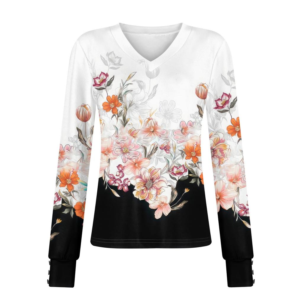 Женские топы с цветочным принтом, рубашка с длинным рукавом и V-образным вырезом, повседневная свободная футболка, осенняя одежда