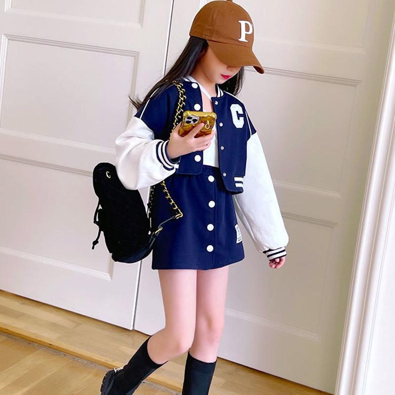 Свободная модная танцевальная одежда для девочек, весенне-осенняя бейсбольная форма большого размера, куртка, топ + юбка, комплект из 2 предметов