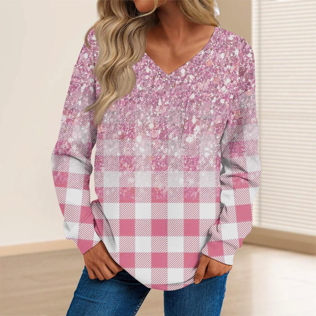 Women's Fashion Casual Long Sleeve Printed V- Neck Sweater Top