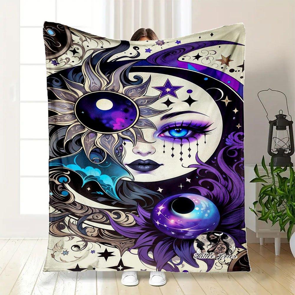 "Galactic Moon Goddess Tattoo Design Art Print"Blanket Flannel Throw Blanket for Sofa, Bed, Travel, Camping, Office