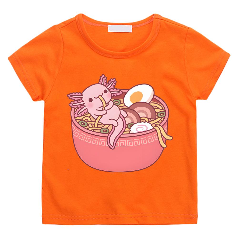 Cute Axolotl Eating Ramen Noodles in Bowl Funny T-shirts Cotton Short Sleeve Boys/Girls T Shirt Summer Round Neck T-shirt